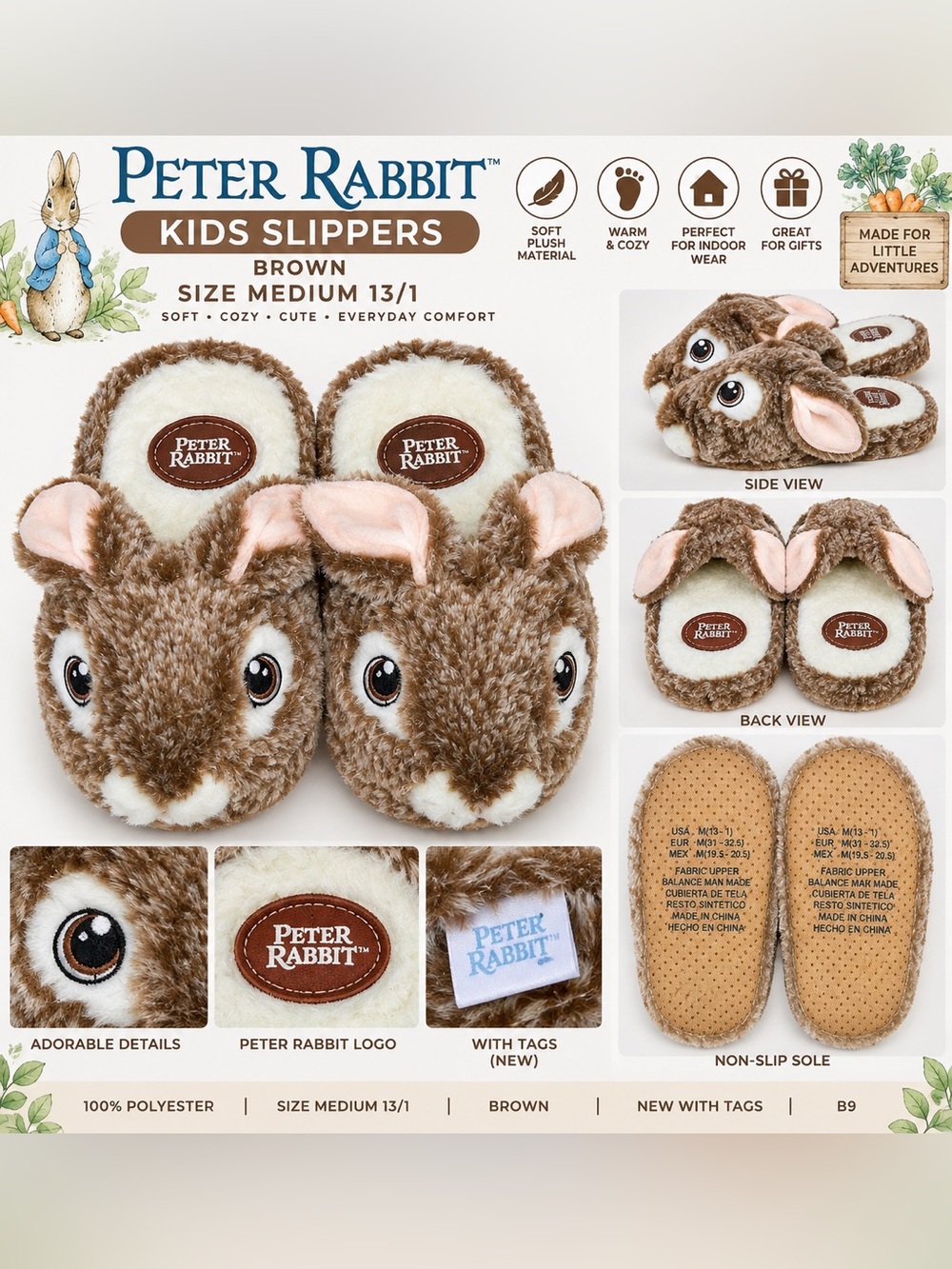 PETER RABBIT KIDS SLIPPERS - BROWN SIZE MEDIUM 13/1 (NEW WITH TAGS) B9
